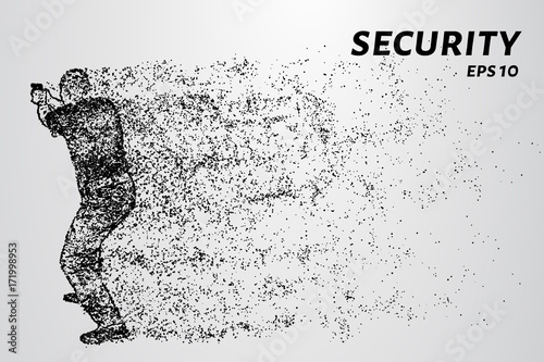 Security from the particles. Security guard fires his gun. Vector illustration.