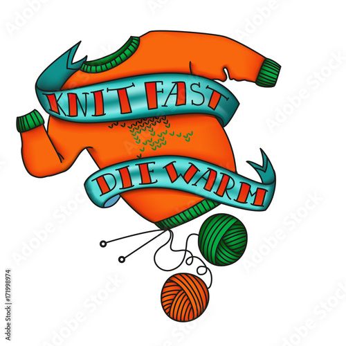 Knit Fast Die Warm Tattoo Sticker. Knitted orange sweater with a skull, surrounded with a ribbon with a motivation. Funny tattoo illustration.