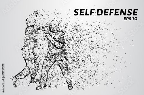 Self-defense of the particles. Man defends against attack with a knife. Silhouette of dots and circles. Vector illustration.