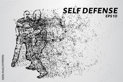 Self-defense of the particles. Man defends against attack with a knife. Silhouette of dots and circles. Vector illustration.
