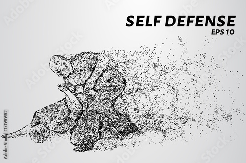 Self-defense of the particles. The man disarmed the attacker. Silhouette of dots and circles. Vector illustration.