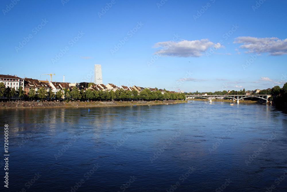 Scenic Rhine River embankment in Basel, Switzerland Scenic Rhine River embankment in Basel, Switzerland