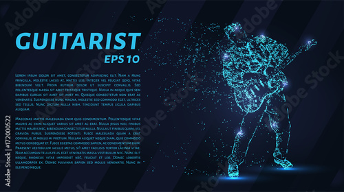 Guitarist from particles. Guitar player consists of circles and points. Vector illustration.