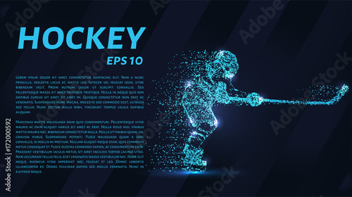 A hockey game consists of points. Particles in the form of a hockey player on a dark background. Vector illustration. Graphic concept of hockey