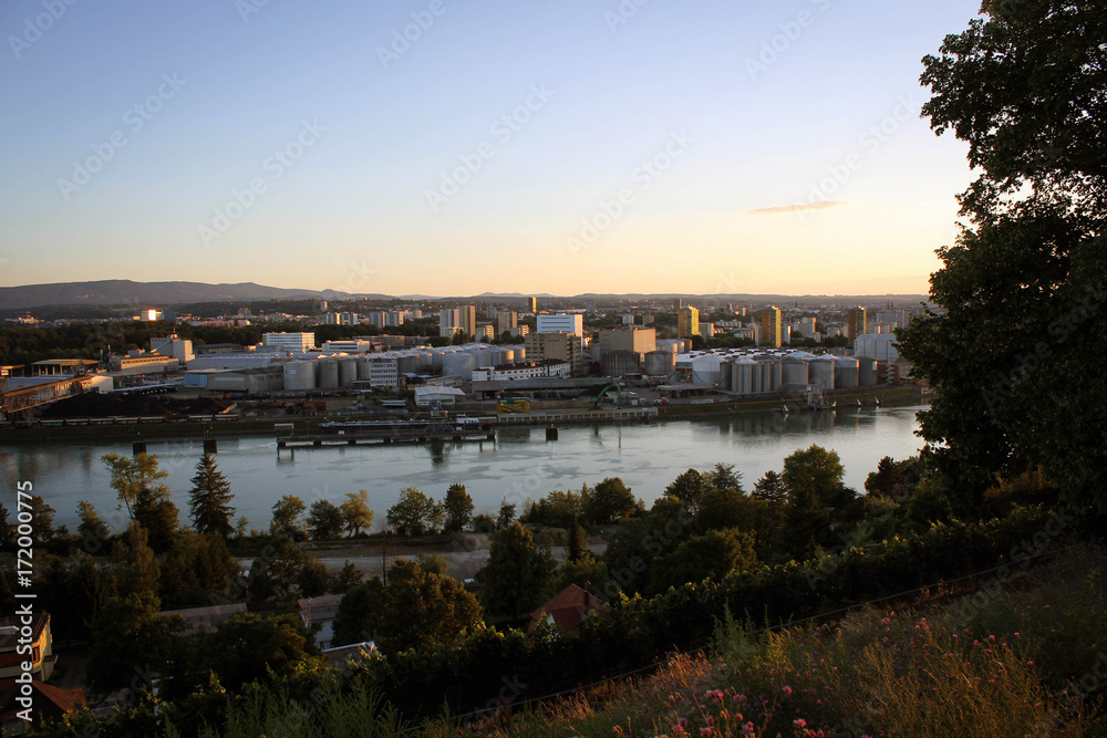 View of Basel port on Rhine River by sunset, Switzerland