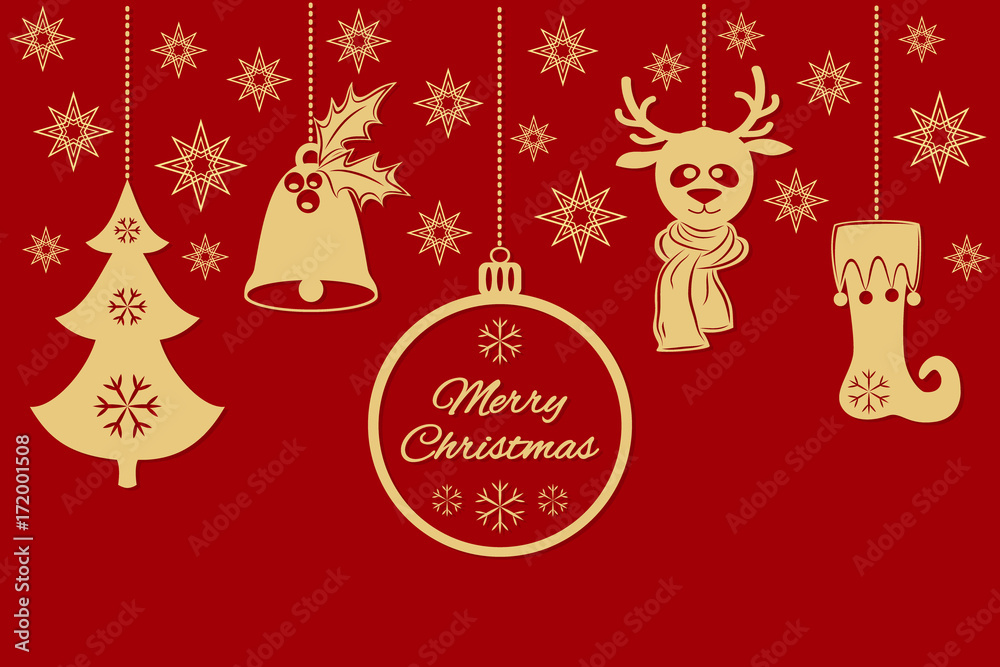 Gold Christmas pendants a bell with holly, ball, fir-tree with snowflakes, a deer in scarf, stocking, stars. A border isolated on red background. Vector card