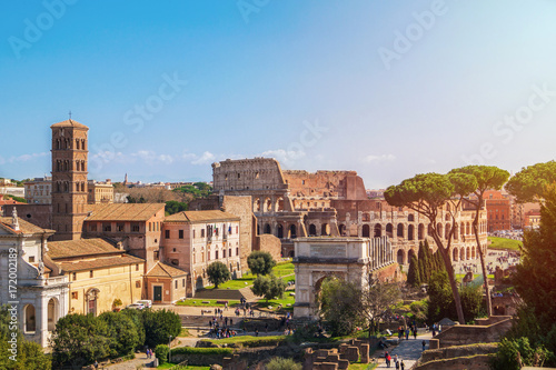 View of Colosseum and Roman Forum from Palatine Hill in Rome, Italy