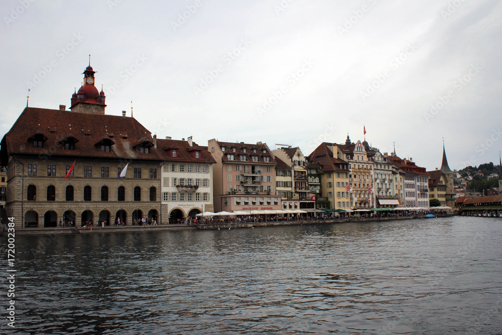 River Reuss embankment and Lucerne old town, Switzerland