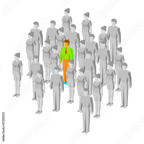 Alone in the crowd. One colored man among gray people