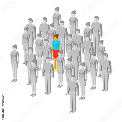 Alone in the crowd. One colored girl among gray people.
