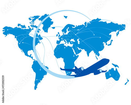 Fototapeta Naklejka Na Ścianę i Meble -  Blue jet airplane silhouette with map of the world behind
