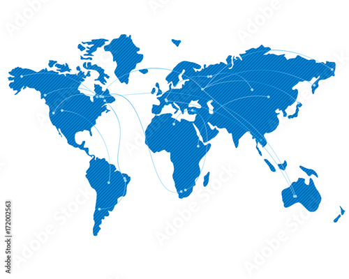 Blue map of the world with flight trajectories. Lot or arcs, connecting points. Global air travel or business concept. Isolated on white background.