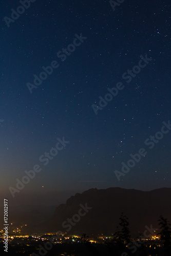 Nightscape of North Bend beneath Mt. Si and stars  from Rattlesnake Ledge