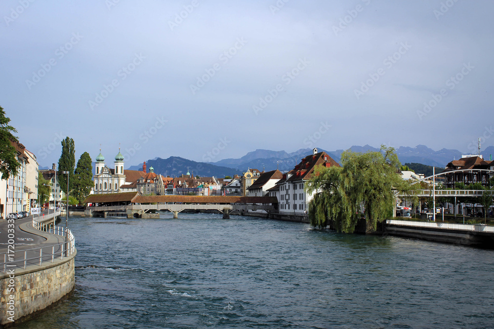 Old town of Lucerne and River Reuss embankment view, Switzerland