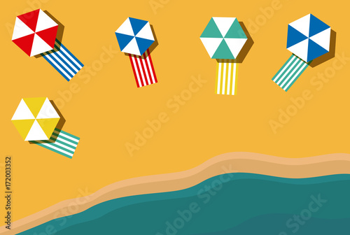 Beach with umbrellas and towels, vector, illustration