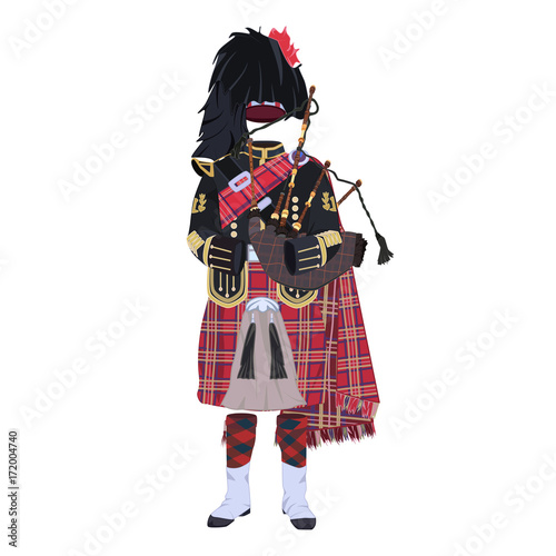 Scottish traditional clothing with bagpipes flat vector illustration