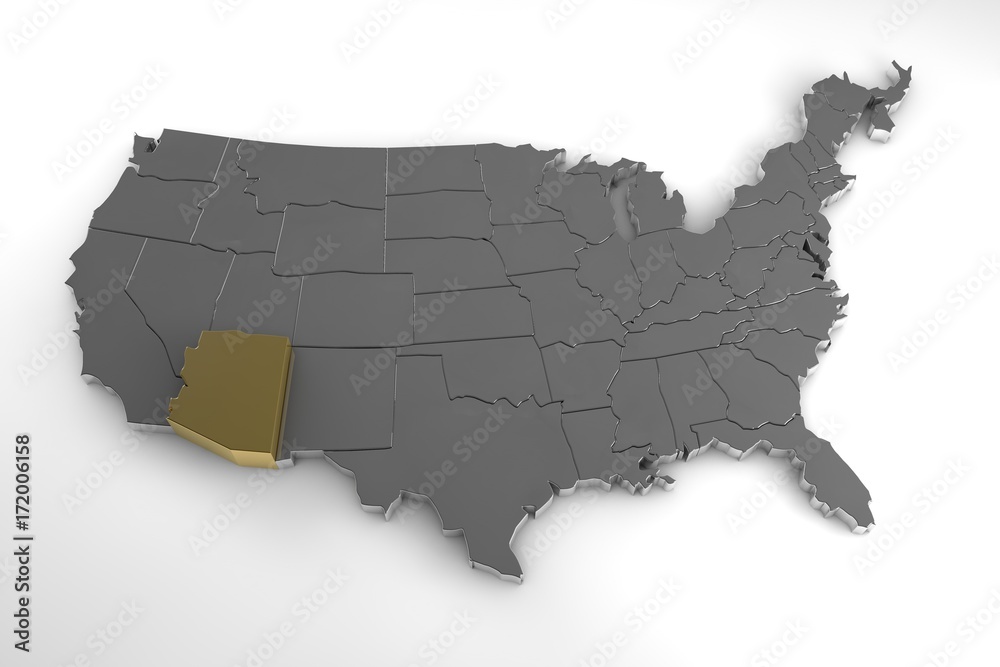 United states of America, 3d metallic map, whith arizona state highlighted. 3d render