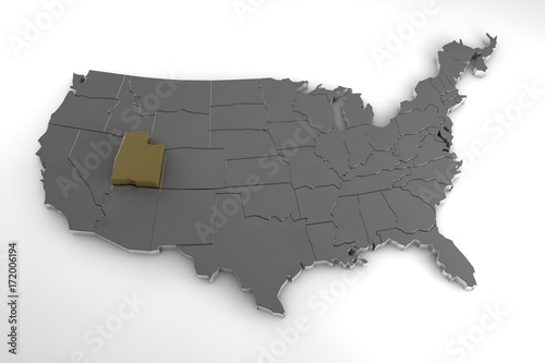 United states of America, 3d metallic map, whith utah state highlighted. 3d render