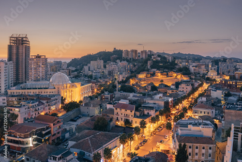 View from the top to the central part of the city and the main attractions Antique amphitheater and the main mosque of the city Xhamia E Madhe