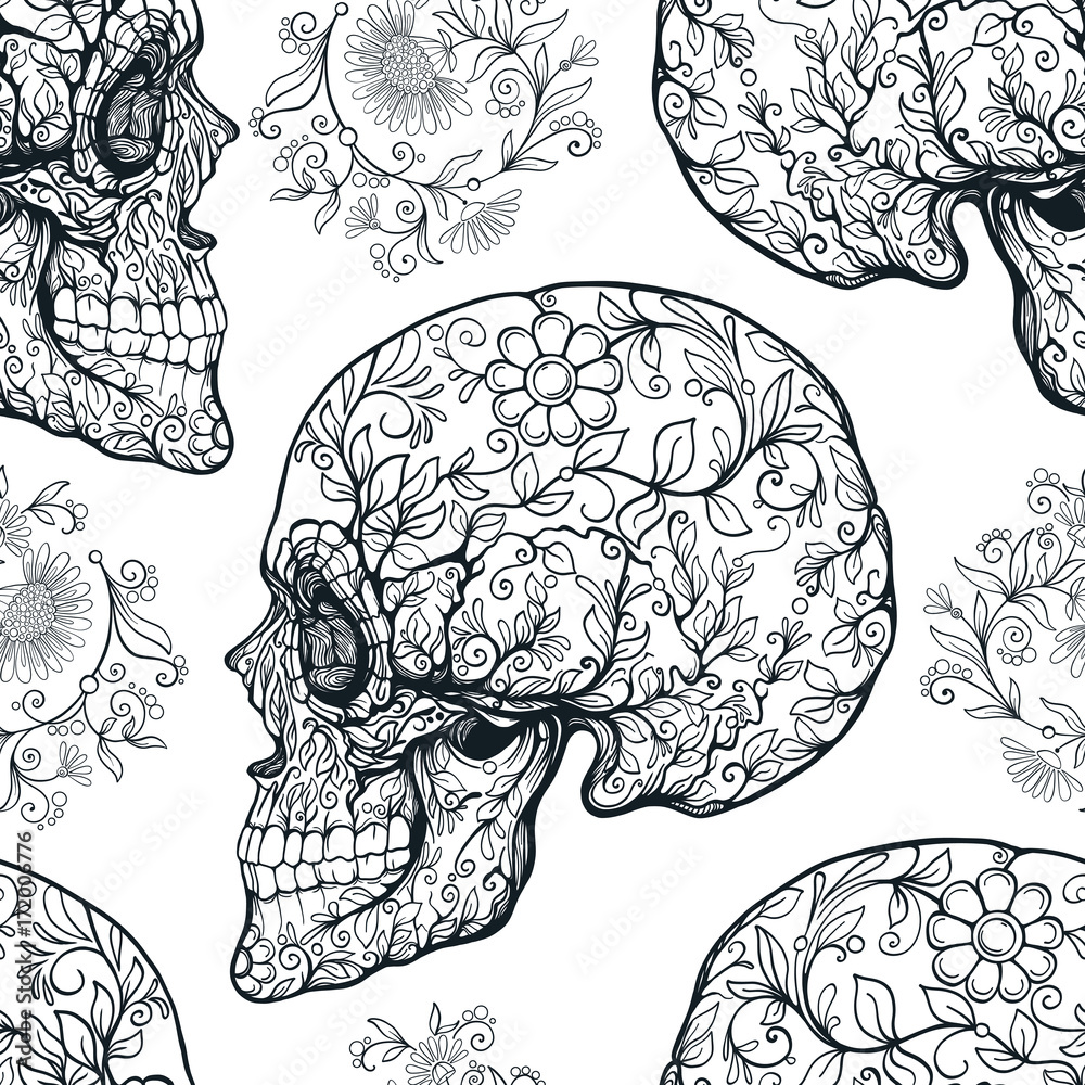 Fototapeta premium Seamless pattern, background with sugar skull and floral pattern. Outline drawing. Stock line vector illustration. 