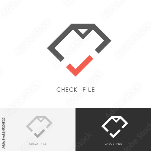 Check file logo - page or document with red checkmark or tick symbol. Business, contract and agreement vector icon.