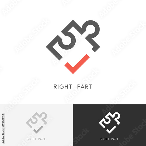 Right part logo - puzzle piece with red check mark or tick symbol. Jigsaw, detail or element vector icon.