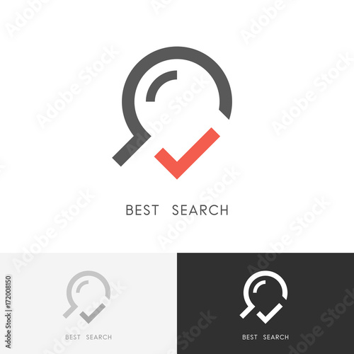 Best search logo - loupe or magnifying glass with red check mark or tick symbol. Magnifier, research and zoom vector icon.