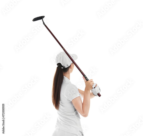 Woman holding golf club on white background