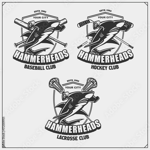 Football, baseball, lacrosse and hockey logos and labels. Sport club emblems with hammerhead shark.