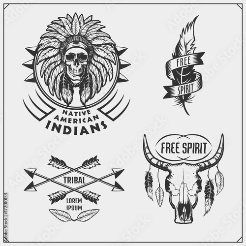 Set of american indian labels, badges, emblems and design elements.