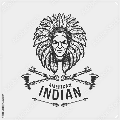 Emblem with American Indian chief. Vector illustration. © malashkos