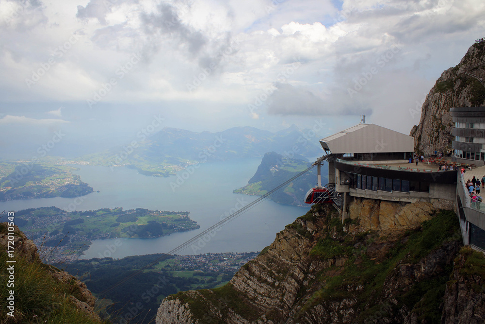 Cloudy landscape of Lake Lucerne from top of Mount Pilatus, Switzerland 