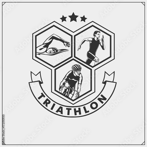 Canvas Print Set of triathlon emblem. Swimming, cycling and running.