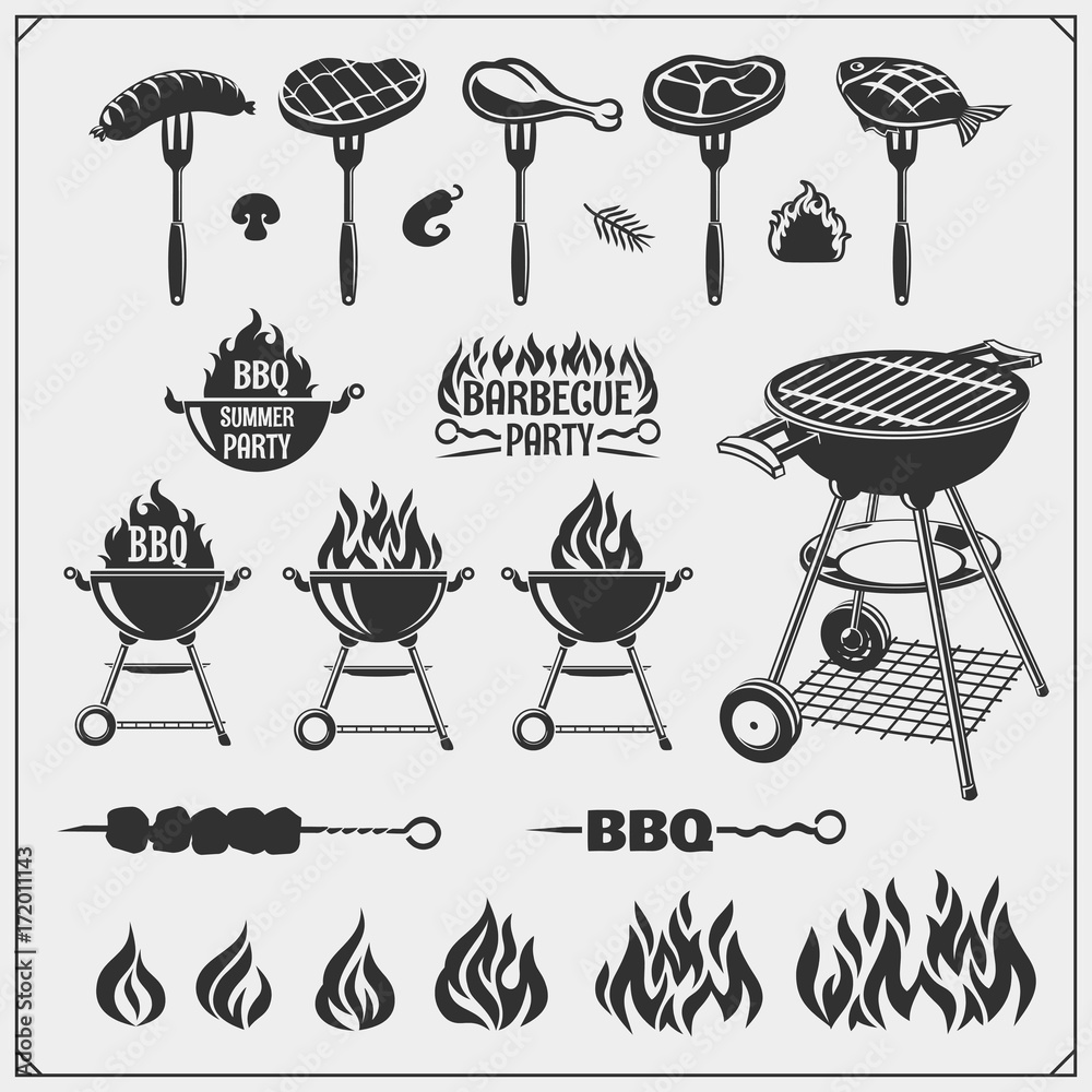 BBQ and grill labels set. Barbecue emblems, badges and design elements. Vector monochrome illustration.