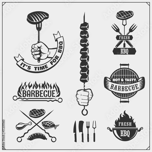 BBQ and grill labels set. Barbecue emblems, badges and design elements. Vector monochrome illustration.