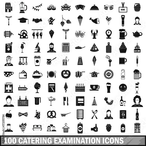 100 catering examination icons set, simple style 