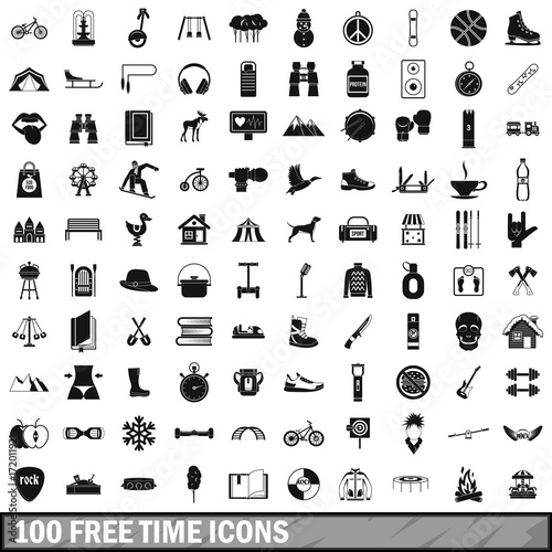 100 free time icons set, simple style 