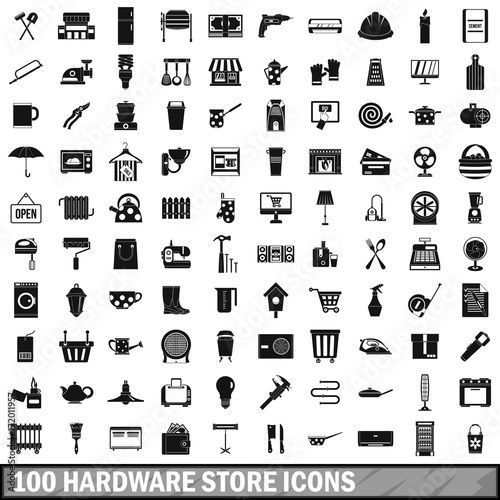 100 hardware store icons set, simple style 