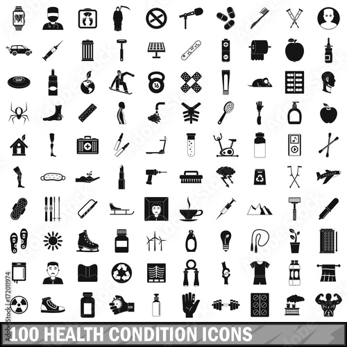 100 health condition icons set, simple style 