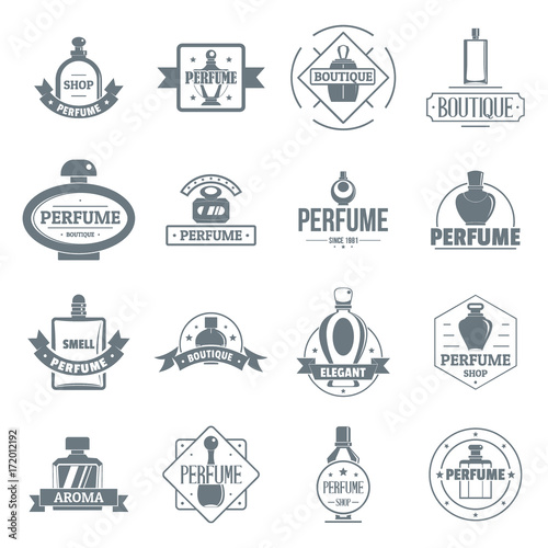 Perfume bottles logo icons set, simple style