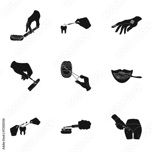 Anesthetic injection, examination of the tooth and other web icon in black style. wound treatment, vision check icons in set collection.