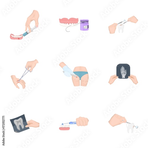 Anesthetic injection, examination of the tooth and other web icon in cartoon style. wound treatment, vision check icons in set collection.