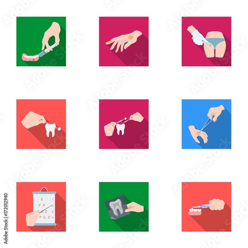 Anesthetic injection, examination of the tooth and other web icon in flat style. wound treatment, vision check icons in set collection.