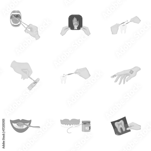 Anesthetic injection, examination of the tooth and other web icon in monochrome style. wound treatment, vision check icons in set collection.