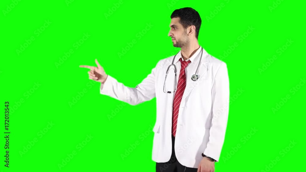 Male Caucasian doctor pointing at copy space while against green screen background in the studio