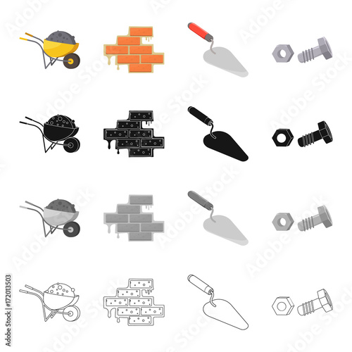 Construction wheelbarrow, brickwork, trowel, bolt with nut. Construction and repair set collection icons in cartoon black monochrome outline style vector symbol stock illustration web.