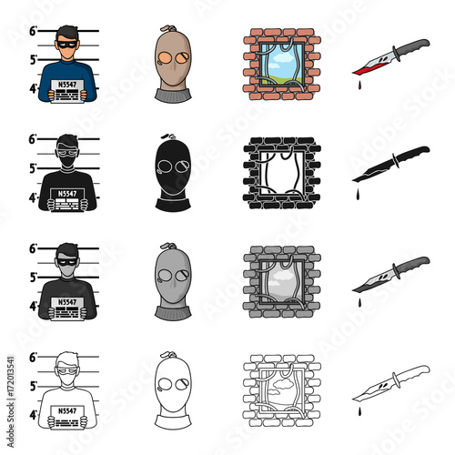 Photo of the criminal, a bandit in a mask, jailbreak, bloody knife. A crime set collection icons in cartoon black monochrome outline style vector symbol stock illustration web. photo