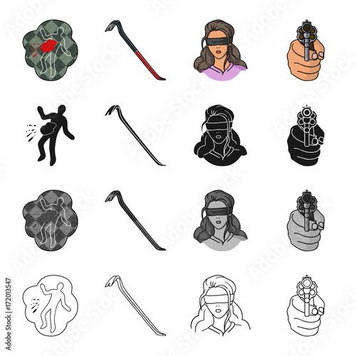 Crime scene, scrap, picklock, girl hostage, directed gun in hand. Crime set collection icons in cartoon black monochrome outline style vector symbol stock illustration web.