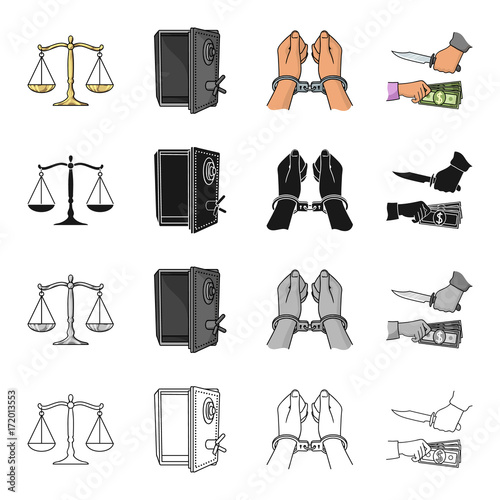 Scales of justice, a safe hacked, a criminal in handcuffs, a robbery. Crime set collection icons in cartoon black monochrome outline style vector symbol stock illustration web.
