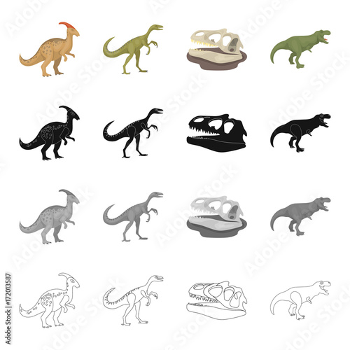 Dinosaur Gallimimus, parasaurolophus, tyrannosaurus, skull. Dinosaurs and prehistoric set collection icons in cartoon black monochrome outline style vector symbol stock illustration web.